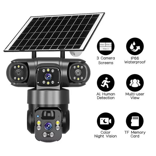 V380 360-Degree Panoramic 3-View 3-Lens Wireless WiFi/4G Solar-Powered Camera Surveillance System