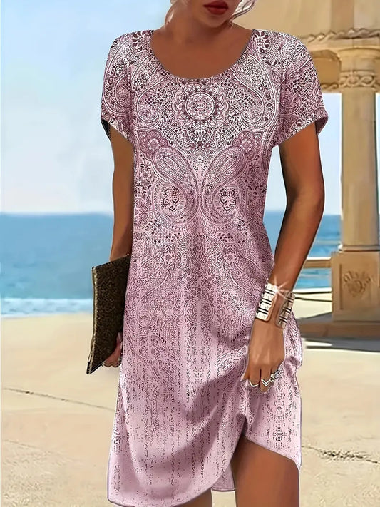 Trendy Design Print Colorful Round Neck Dress Women