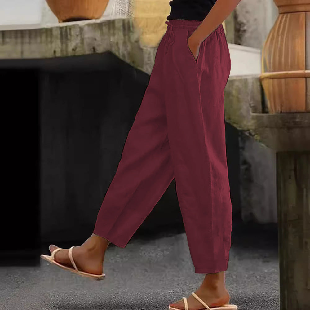 Spring And Autumn New Women's Cotton And Linen Solid Color Fashion Casual Daily Elasticated Slacks