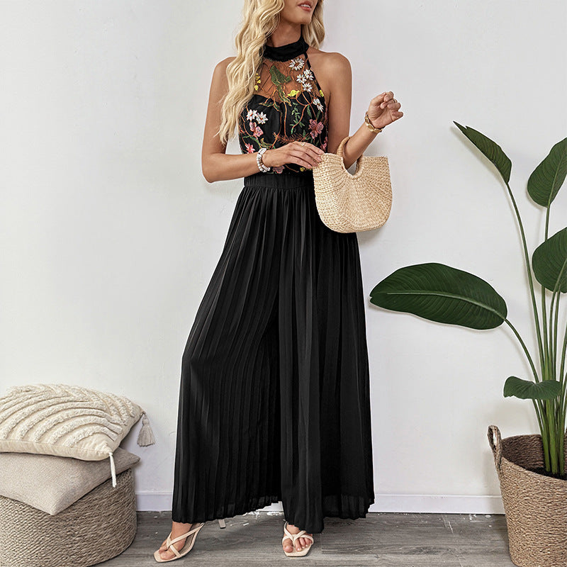 Summer sleeveless see through women's hanging neck sleeveless lace embroidered patchwork wide leg jumpsuit