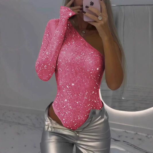 Hot Girl Sexy One-shoulder Tight Rhinestone Sequins Top