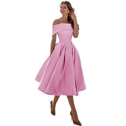 Women's Fashion Casual Strapless Satin Party Dress Off The Shoulder Tea Length Satin Prom Dresses With Pockts Formal Evening Party Dress