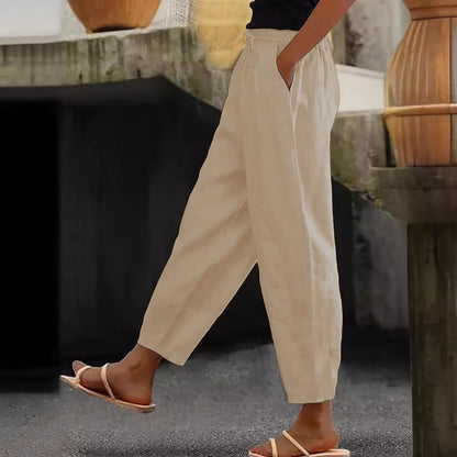Spring And Autumn New Women's Cotton And Linen Solid Color Fashion Casual Daily Elasticated Slacks