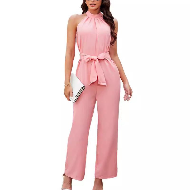 Summer Sleeveless Halter Lace Up Casual Jumpsuit