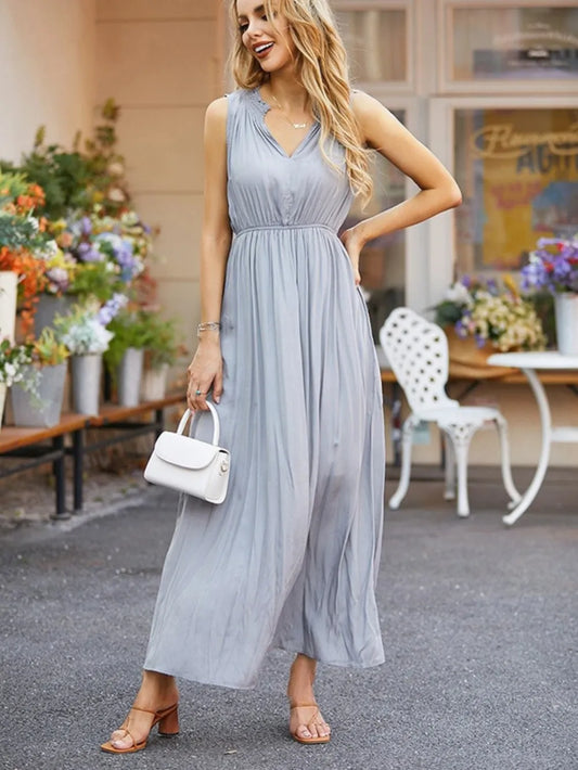 V-neck sleeveless vest dress women's high waisted elegant gray long skirt