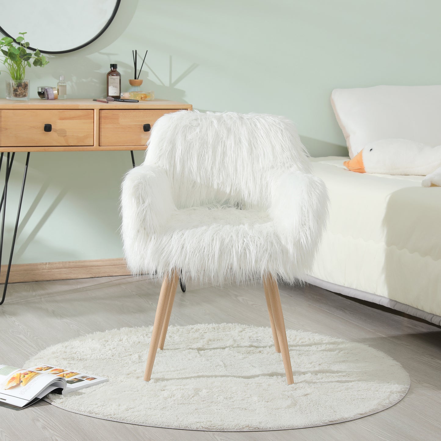 WHITE Faux Fur Upholstered Make up chair Side Dining Chair with Metal Leg(WHITE+Beech Metal Leg)