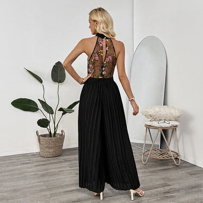Summer sleeveless see through women's hanging neck sleeveless lace embroidered patchwork wide leg jumpsuit