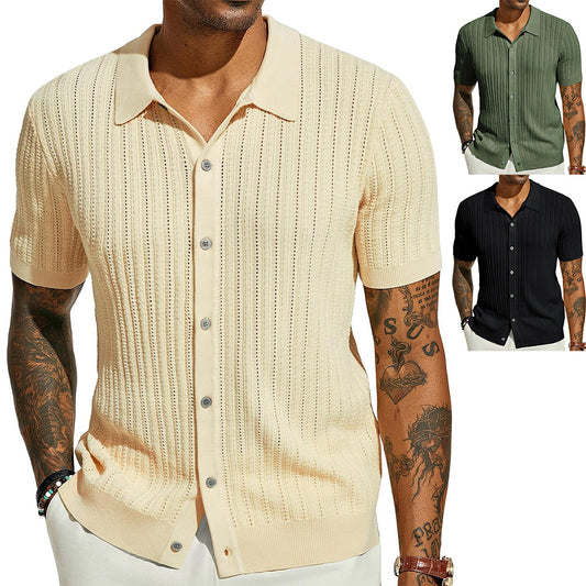 Summer Cool Knitted Men's Shirt Short Sleeved Lapel Solid Color