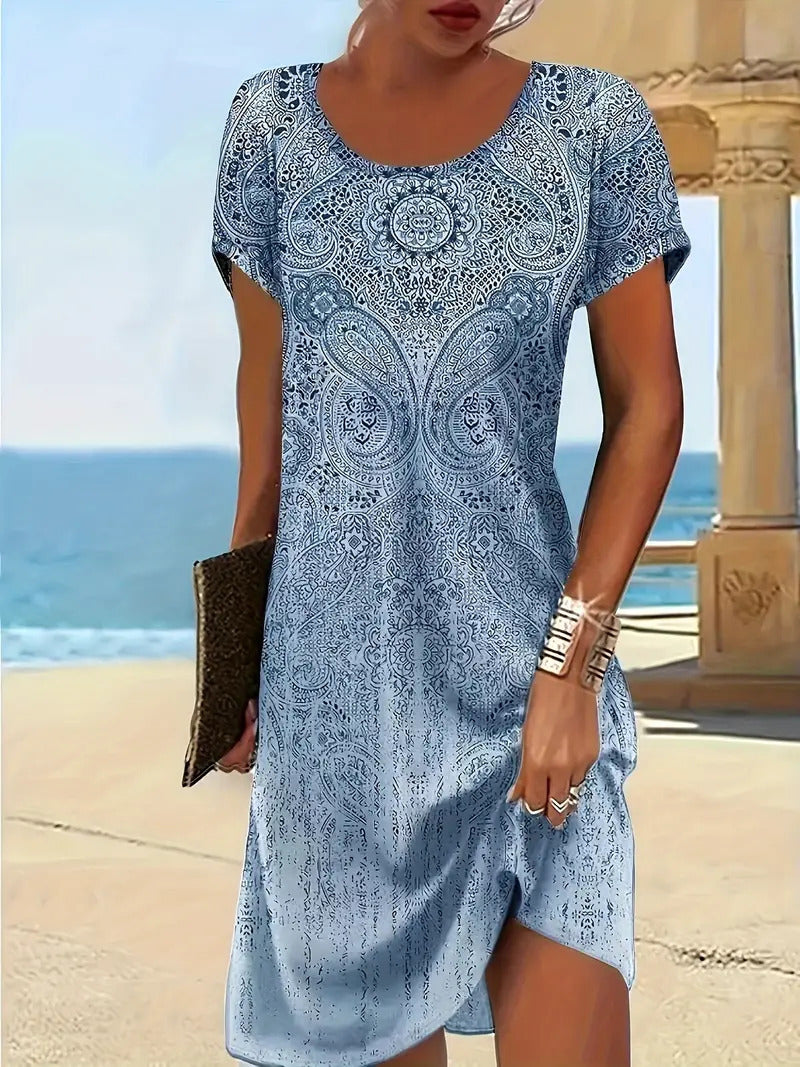 Trendy Design Print Colorful Round Neck Dress Women