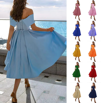 Women's Fashion Casual Strapless Satin Party Dress Off The Shoulder Tea Length Satin Prom Dresses With Pockts Formal Evening Party Dress