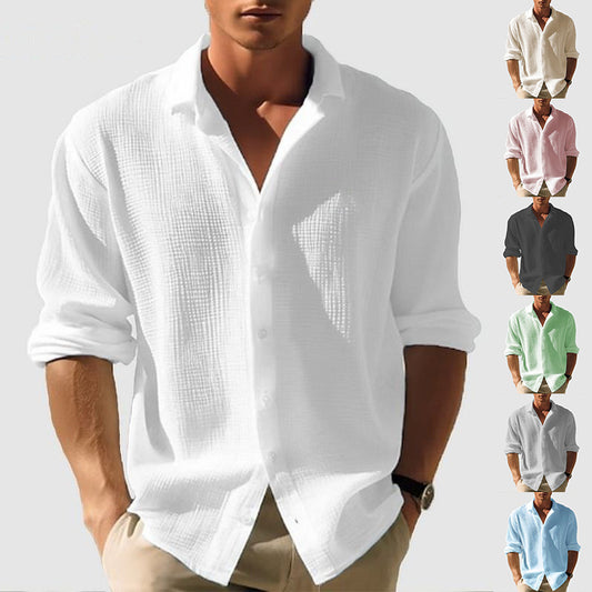 Men's Lapel Long Sleeve Shirt Fashion Solid Single Breasted Tops Fall Spring Clothing