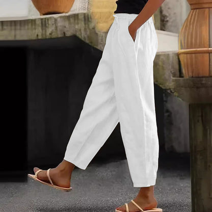Spring And Autumn New Women's Cotton And Linen Solid Color Fashion Casual Daily Elasticated Slacks