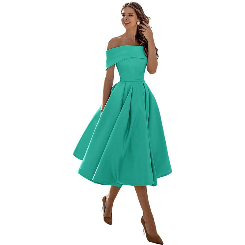 Women's Fashion Casual Strapless Satin Party Dress Off The Shoulder Tea Length Satin Prom Dresses With Pockts Formal Evening Party Dress